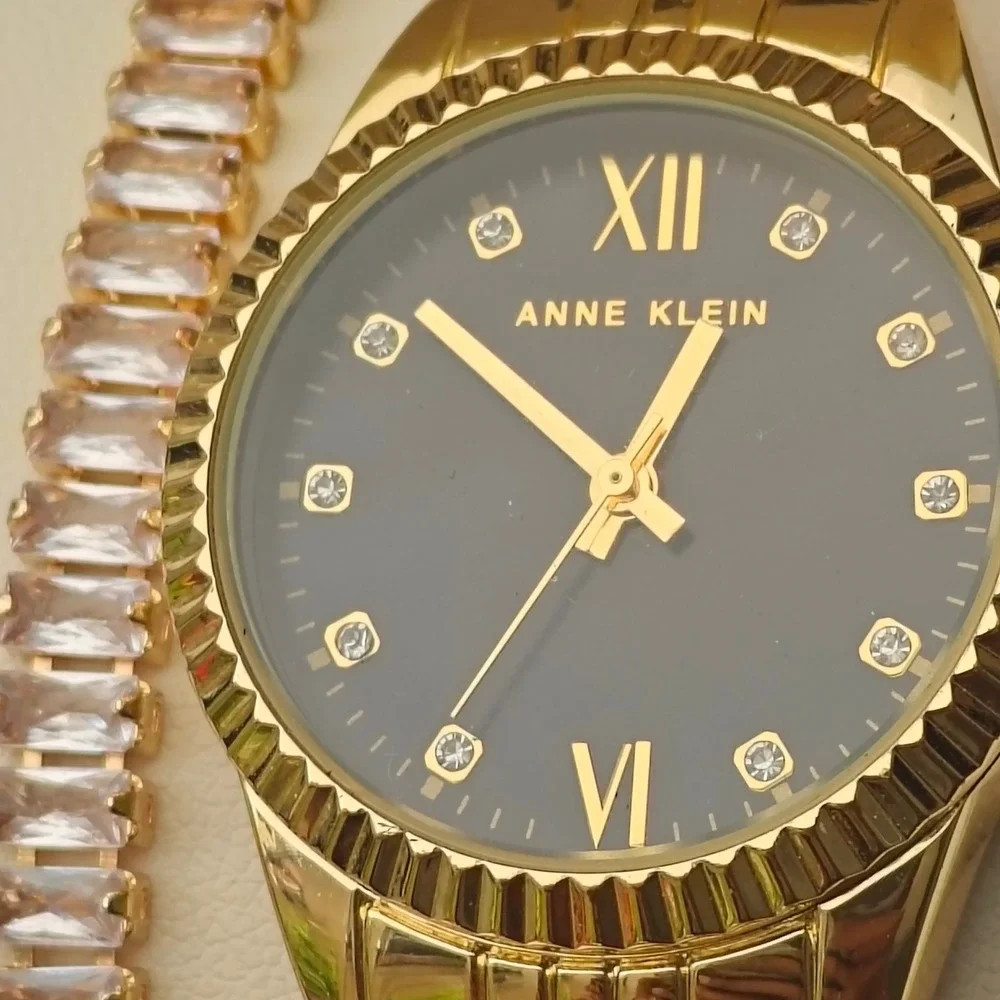Anne Klein Gold Tone Watch Baguette Crystal Bracelet Set AK-5336 Black Dial NWT